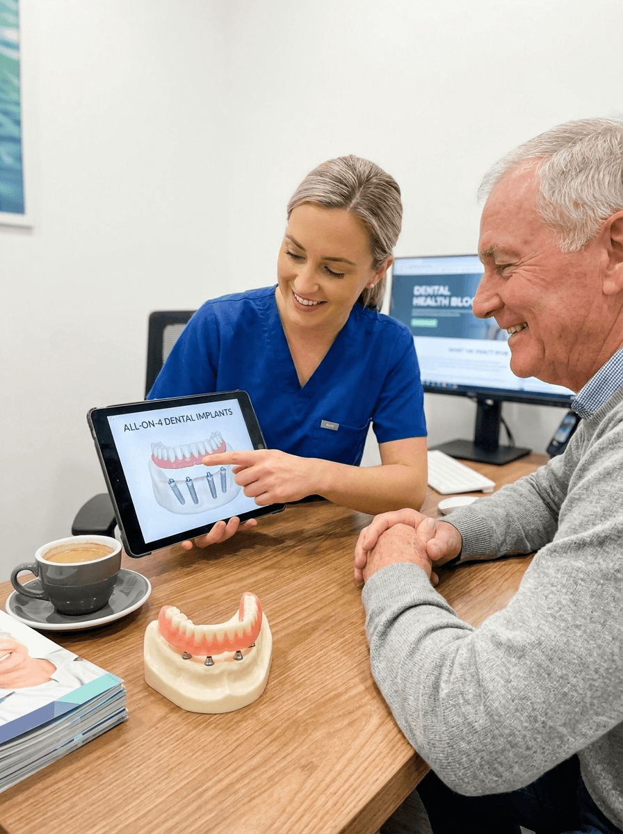 patient smiling after All-on-4 full arch dental implant treatment at Smiles4Life in Thousand Oaks CA