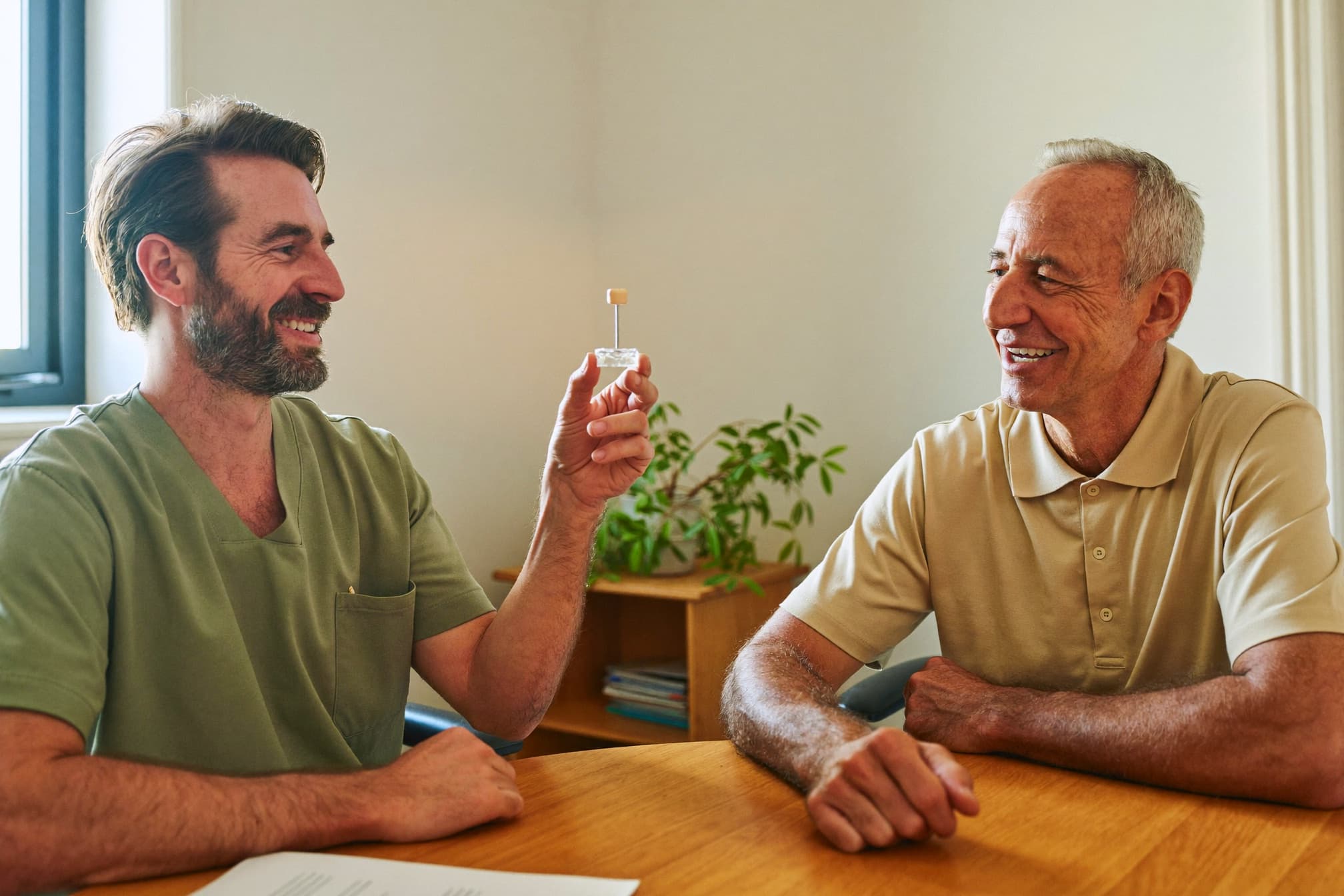 Dentist showing a single dental implant model to a smiling patient at Smiles4Life in Thousand Oaks, CA